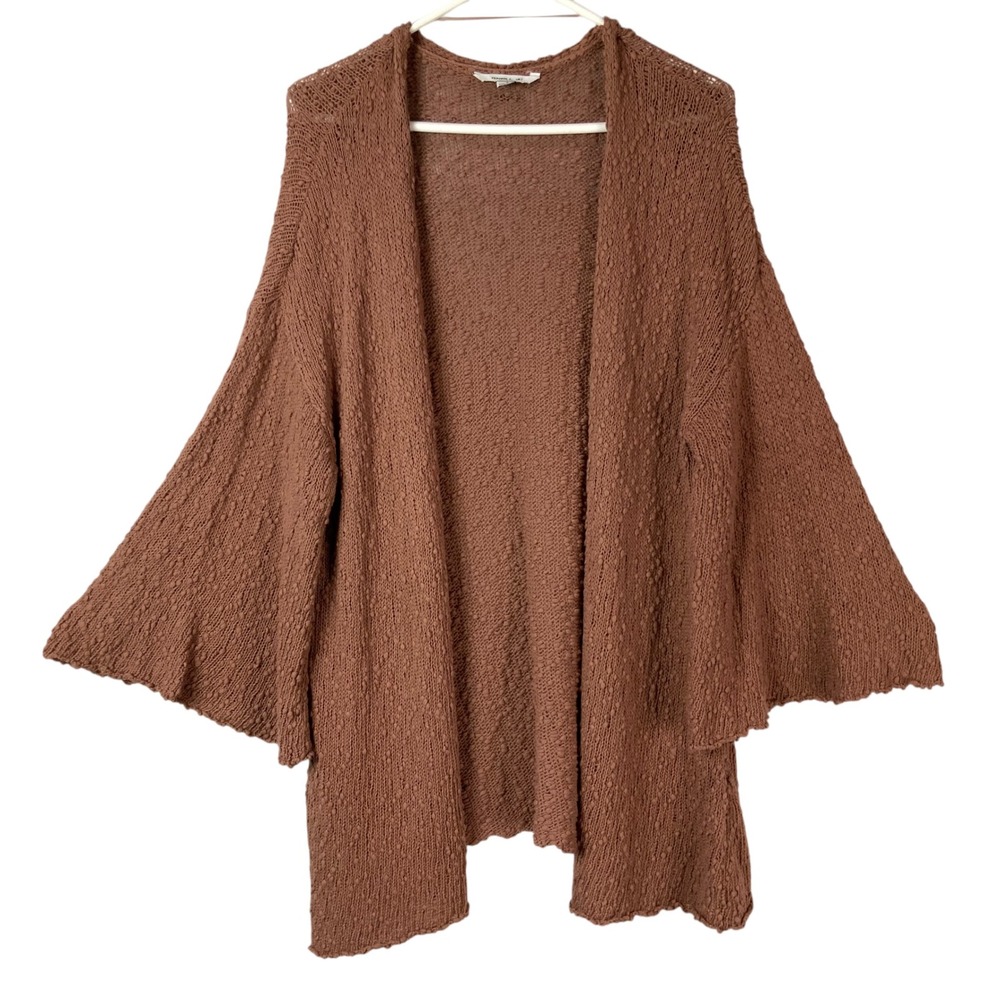 O'Neill Brown Cotton Knit Cardigan Small Open Front V-Neck Bell Sleeve Textured